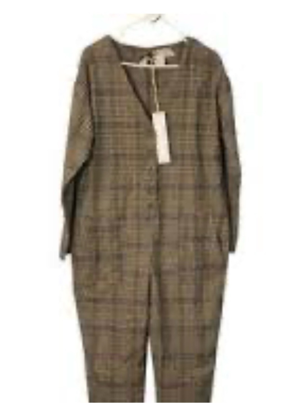 0023 Lumiere Brown Plaid Long-Sleeve Jumpsuit